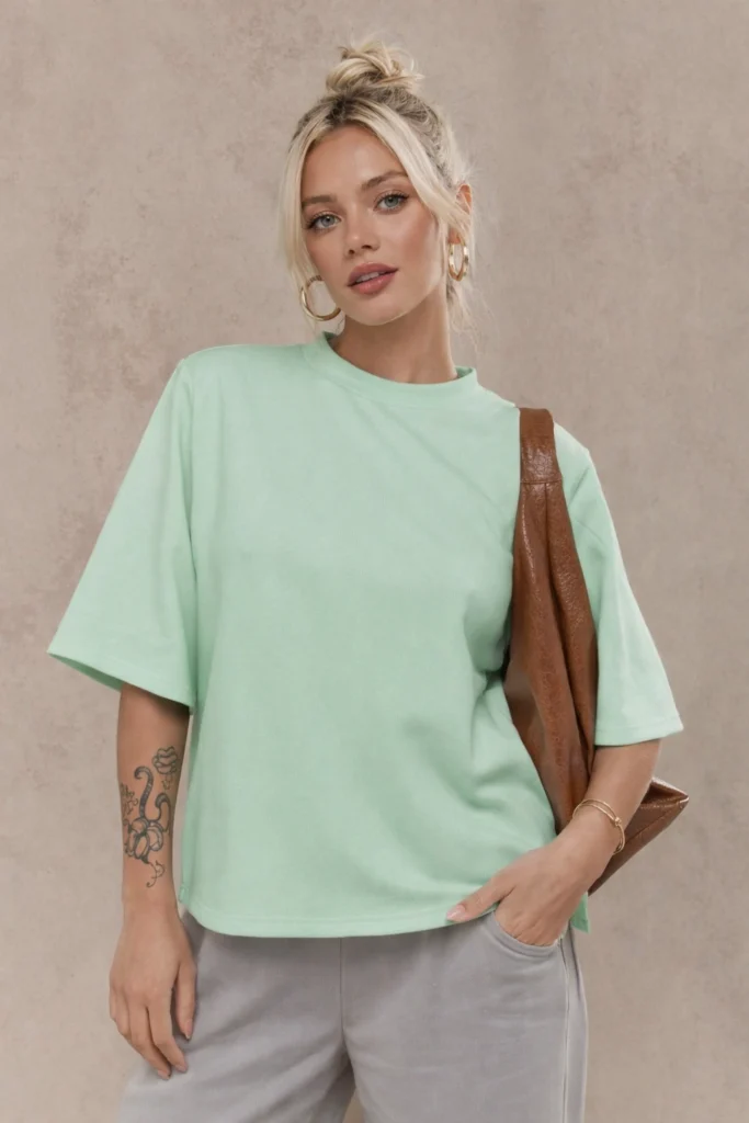A clean studio-style image of a woman wearing a mint green oversized T-shirt paired with neutral pants and minimal accessories. The relaxed fit and soft color create a modern, casual look suitable for everyday wear and contemporary streetwear collections.
