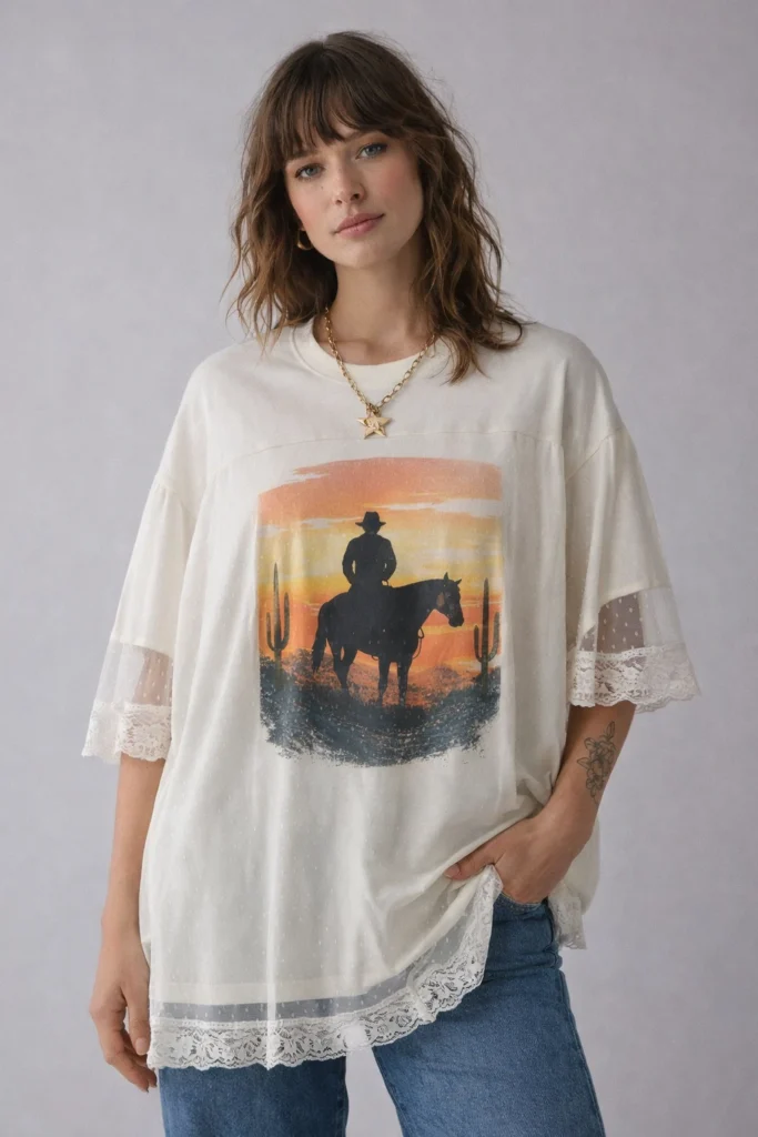 A relaxed-fit oversized T-shirt featuring a western-inspired graphic print with a cowboy and desert sunset scene. Designed with semi-sheer fabric and delicate lace trim on the sleeves and hem, this piece blends casual comfort with a soft, vintage-inspired streetwear aesthetic.