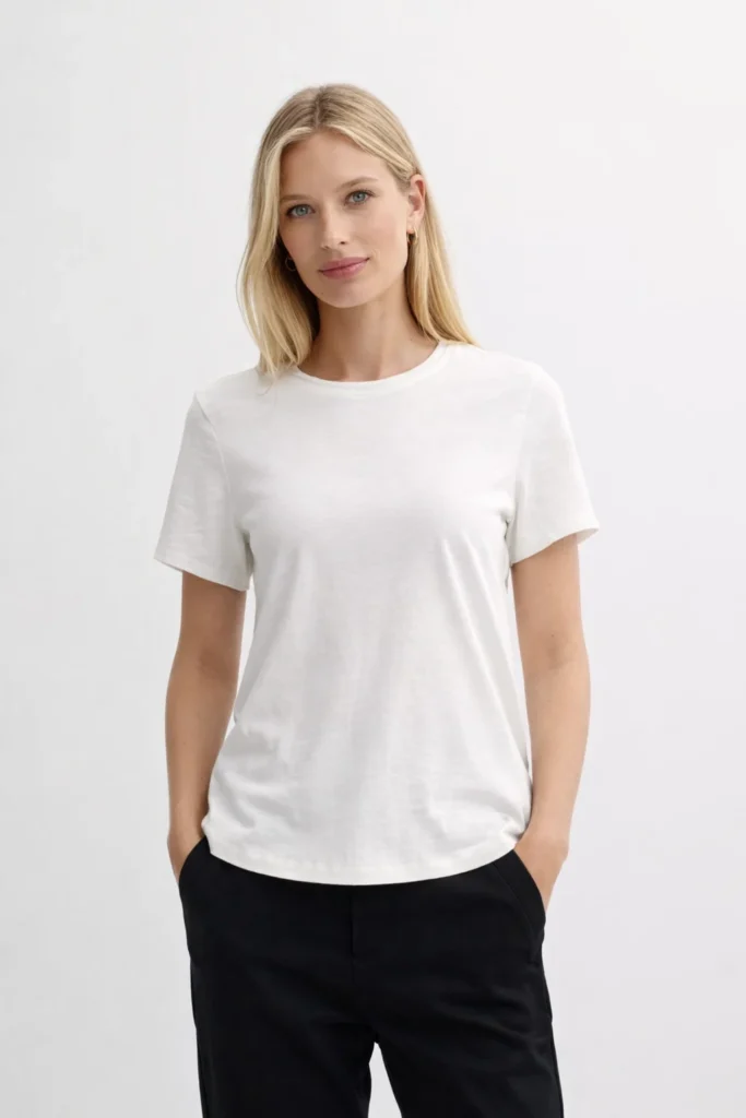A clean studio portrait of a woman wearing a white classic-fit T-shirt paired with black pants. The simple silhouette, soft fabric, and neutral styling highlight a timeless wardrobe essential suitable for everyday wear and modern casual collections.