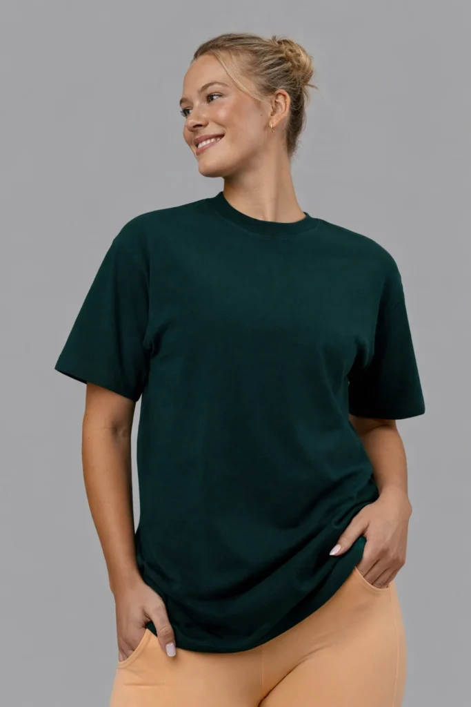 A studio portrait of a woman wearing a dark green oversized T-shirt styled with neutral-toned pants. The relaxed silhouette, soft fabric, and understated color create a modern, comfortable look ideal for everyday wear and minimalist streetwear collections.