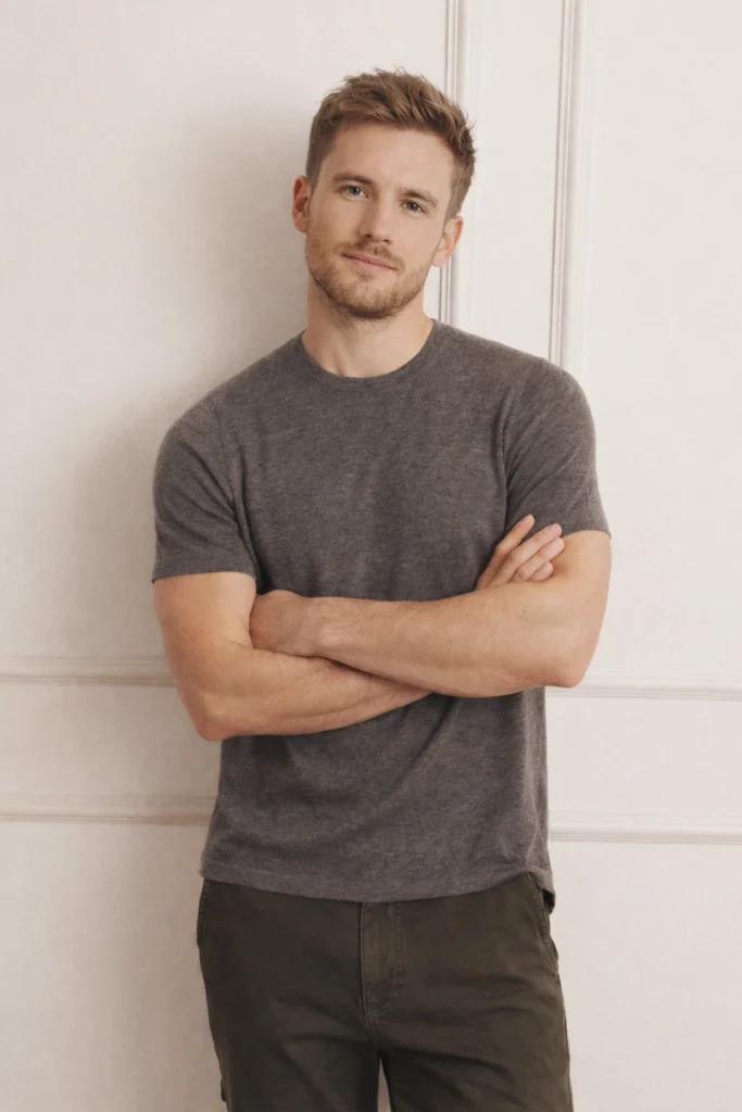 A clean lifestyle portrait of a man wearing a heather gray classic-fit T-shirt styled with neutral pants. The soft fabric, simple silhouette, and understated tone create a timeless, versatile look ideal for everyday wear and premium casual collections.
