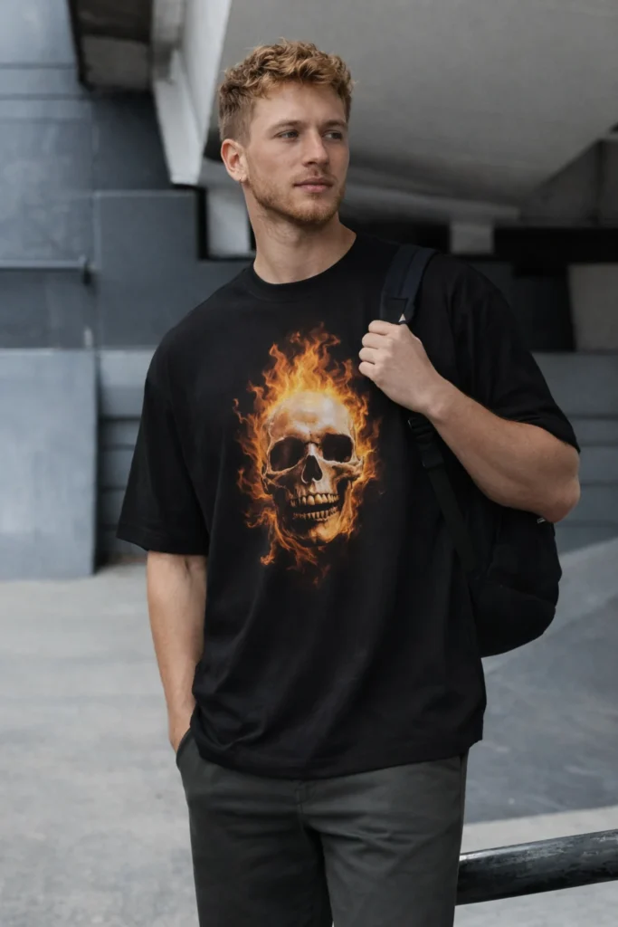 A street-style image of a man wearing a black oversized T-shirt featuring a bold flaming skull graphic. Styled with dark pants and a backpack in an urban setting, the look delivers a strong, edgy streetwear aesthetic suited for graphic-focused and statement casual collections.