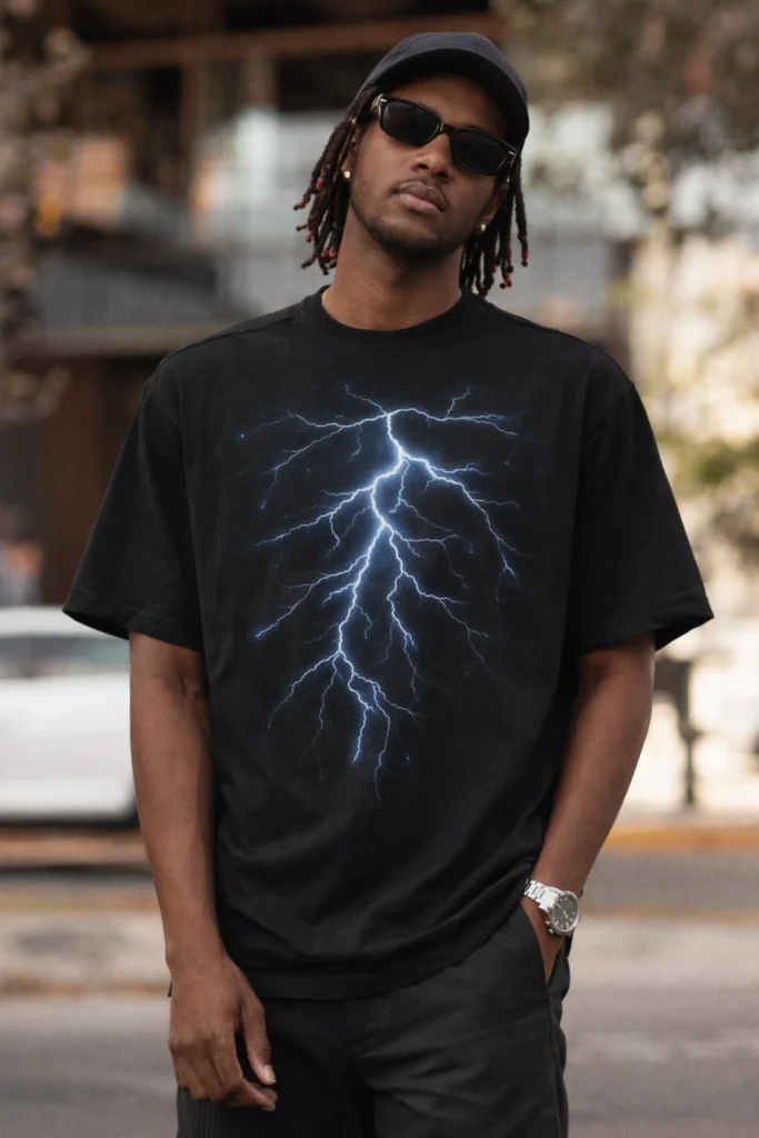 A street-style image of a man wearing a black oversized T-shirt featuring a striking lightning graphic across the chest. Styled with sunglasses and casual pants in an urban setting, the look delivers a bold, modern streetwear vibe ideal for graphic-driven and statement casual collections.