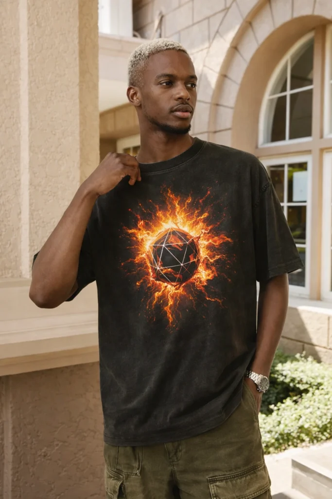 A lifestyle image of a man wearing a black oversized T-shirt featuring a bold fiery geometric graphic at the center. Styled in an outdoor architectural setting, the design delivers a striking, modern streetwear statement suited for graphic-led and edgy casual collections.