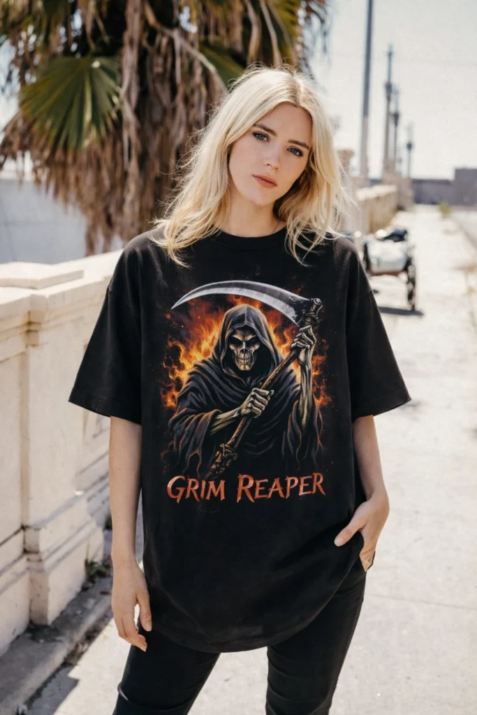 A street-style image of a woman wearing a black oversized T-shirt featuring a bold Grim Reaper graphic with fiery details. Styled in an outdoor urban setting, the look delivers a strong, edgy streetwear aesthetic ideal for statement graphic and alternative fashion collections.