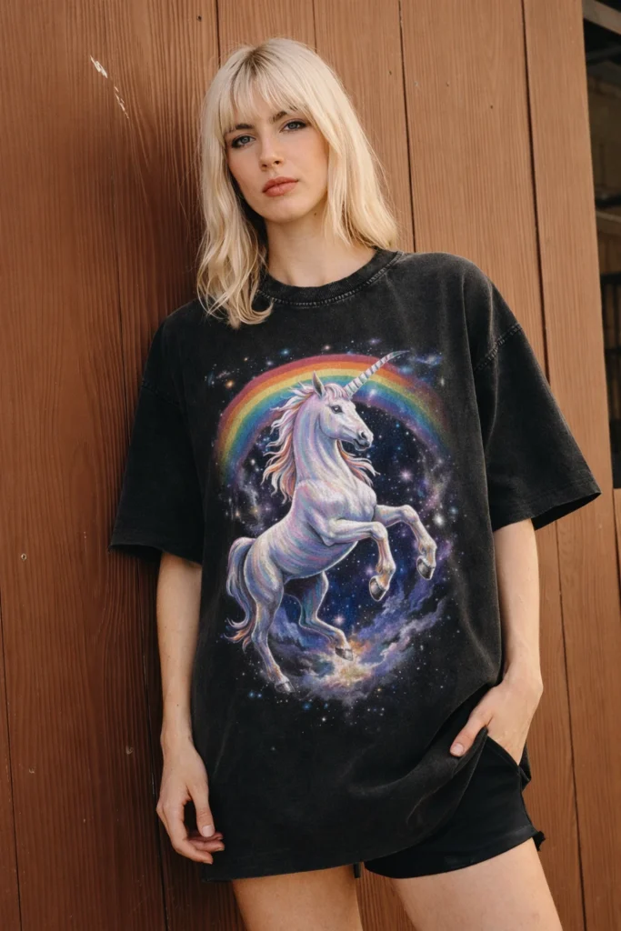 A lifestyle image of a woman wearing a black oversized T-shirt featuring a vibrant unicorn and rainbow graphic set against a cosmic background. Styled in an urban outdoor setting, the bold artwork and relaxed fit create a playful yet edgy streetwear look suited for statement graphic and alternative fashion collections.