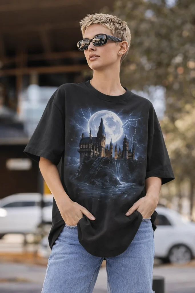 A street-style image of a woman wearing a black oversized T-shirt featuring a dramatic gothic castle graphic under a full moon with lightning details. Styled with sunglasses and denim in an urban setting, the look delivers a dark, atmospheric streetwear aesthetic ideal for statement graphic and alternative fashion collections.