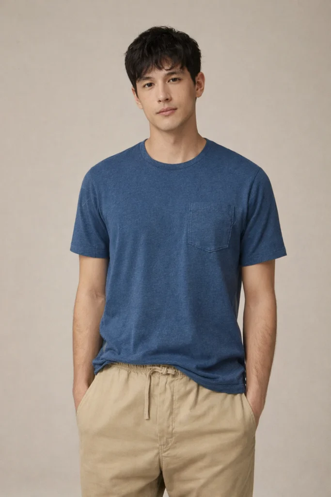 A studio portrait of a man wearing a heather blue T-shirt with a subtle chest pocket, styled with neutral drawstring pants. The soft fabric, clean silhouette, and relaxed fit create a timeless, comfortable look ideal for everyday wear and modern casual or minimalist collections.