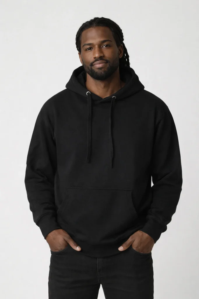 A studio portrait of a man wearing a solid black pullover hoodie with a minimalist design. The hoodie features a relaxed fit, adjustable drawstring hood, ribbed cuffs, and a front kangaroo pocket, making it a timeless essential for streetwear and everyday casual collections. The clean silhouette and neutral color make it ideal for private-label hoodies, OEM/ODM production, and versatile layering across seasons.