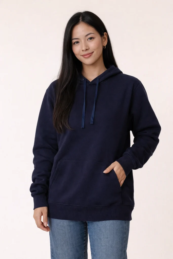 A clean studio lifestyle image featuring a female model wearing a navy blue pullover hoodie with a relaxed, everyday fit. The hoodie is designed with a soft fleece interior, adjustable drawstring hood, ribbed cuffs and hem, and a classic kangaroo pocket for comfort and functionality. The deep navy tone and minimalist silhouette make it ideal for casualwear, streetwear, and private label hoodie collections. Well-suited for brands focused on versatile basics, unisex styling, and year-round layering essentials.
