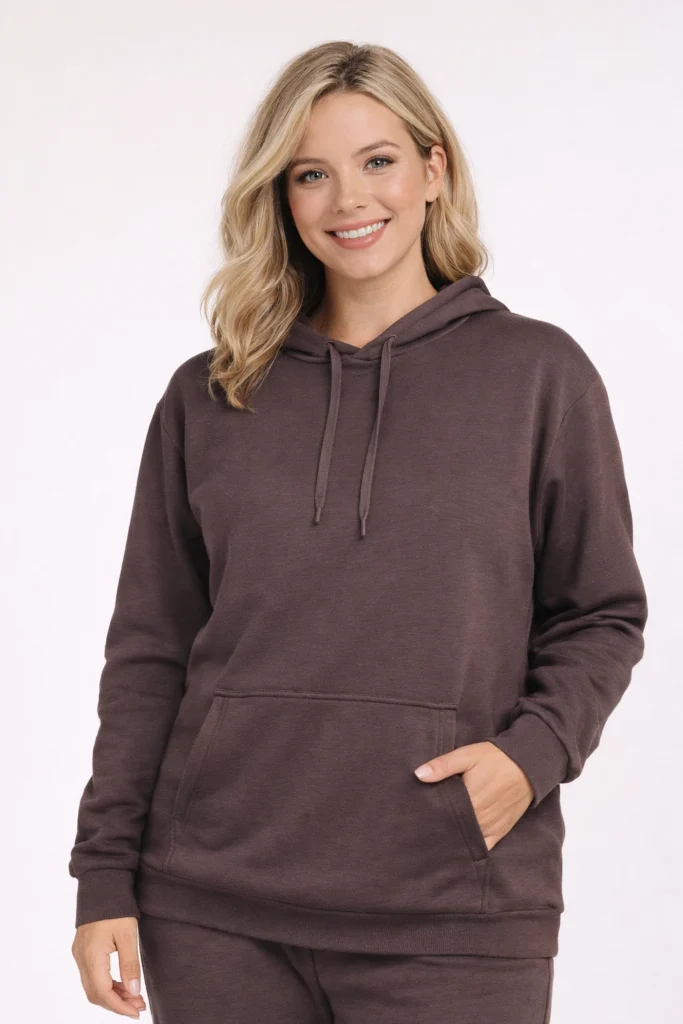 A studio lifestyle image featuring a female model wearing a brown pullover hoodie with a relaxed, comfortable fit. Designed with a soft brushed fleece interior, adjustable drawstring hood, ribbed cuffs and hem, and a classic kangaroo pocket, this hoodie offers everyday comfort with a clean, minimalist look. The warm brown tone makes it ideal for casualwear, loungewear, and private label hoodie collections, suitable for brands focused on versatile basics, unisex silhouettes, and seasonal layering essentials.