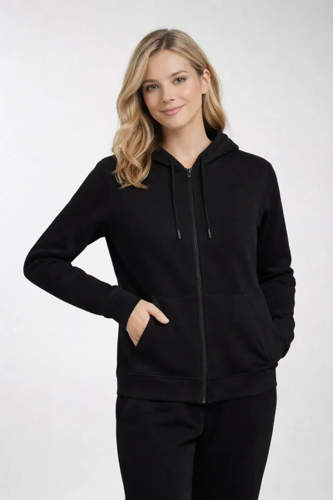 A clean studio image showcasing a women’s black full-zip hoodie with a streamlined, modern fit. Crafted with a soft fleece interior, this hoodie features a smooth front zipper, adjustable drawstring hood, ribbed cuffs and hem, and functional side pockets for everyday wear. The minimalist black design makes it ideal for casualwear, athleisure, and private label hoodie programs, perfectly suited for brands focused on timeless essentials, unisex styling, and versatile layering pieces.