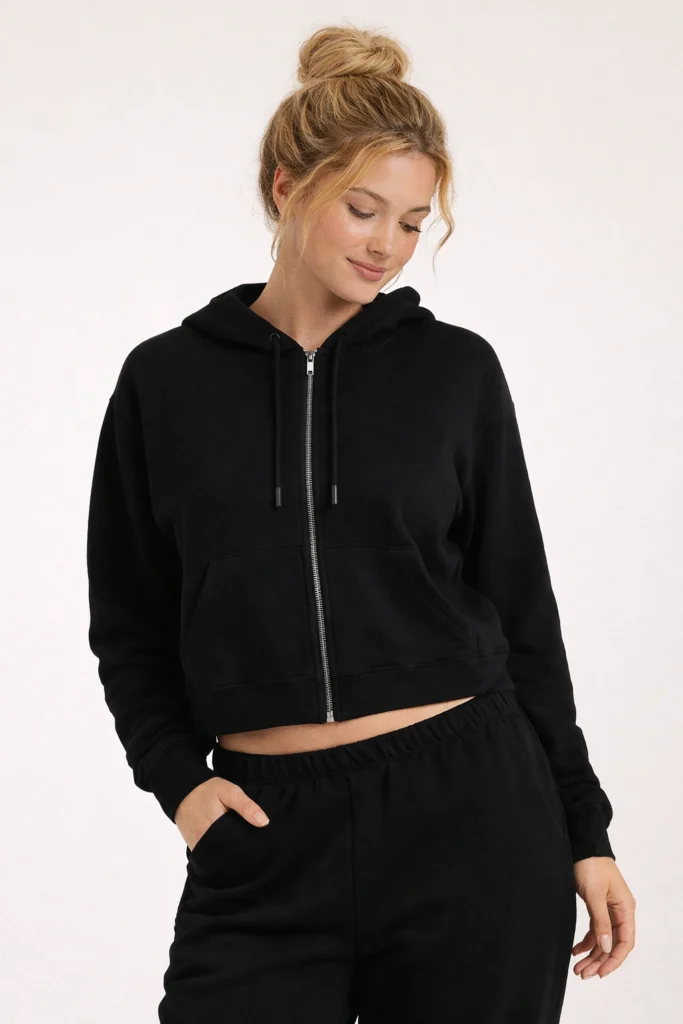 A studio lifestyle image featuring a women’s black cropped zip-up hoodie with a relaxed, modern silhouette. Designed with a full-length front zipper, soft fleece fabric, adjustable hood, and elasticated hem, this hoodie delivers both comfort and a clean streetwear aesthetic. The cropped cut pairs effortlessly with joggers or high-waisted bottoms, making it ideal for athleisure collections, casualwear lines, and private label hoodie manufacturing focused on contemporary, youth-driven styles.