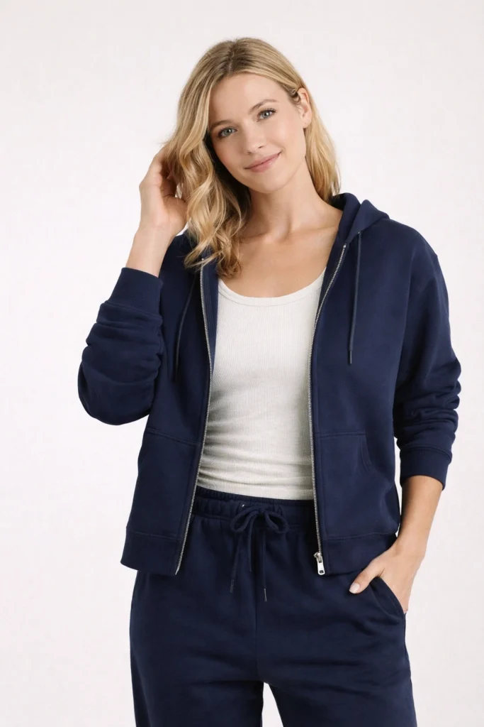 A clean studio image showcasing a women’s navy zip-up hoodie paired with matching jogger pants. Designed with a relaxed fit, full-length zipper, adjustable hood, and soft fleece fabric, this set offers everyday comfort with a modern, minimal aesthetic. Ideal for athleisure, loungewear, and private label apparel collections focused on versatile, easy-to-style essentials for casual and off-duty wear.
