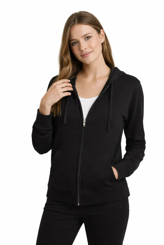A studio product image featuring a women’s black zip-up hoodie with a clean, timeless silhouette. Designed with a full-length front zipper, adjustable hood with drawstrings, ribbed cuffs, and a front kangaroo pocket, this hoodie offers lightweight comfort and easy layering. Ideal for casualwear, athleisure, and private label apparel collections focused on versatile, minimalist wardrobe staples.