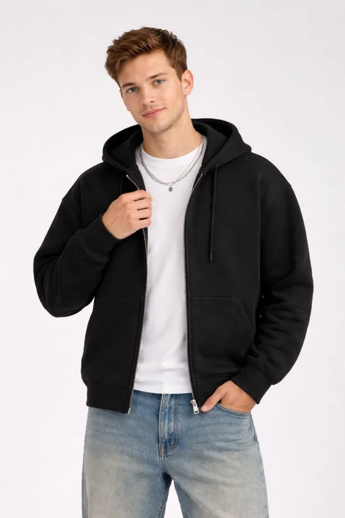 A studio-style image showcasing a men’s black zip-up hoodie layered over a white T-shirt and paired with denim jeans. Featuring a full-length zipper, adjustable drawstring hood, ribbed cuffs, and a relaxed silhouette, this hoodie offers a clean, modern look with everyday comfort. Ideal for casualwear, streetwear collections, and private label hoodie production focused on timeless versatility.
