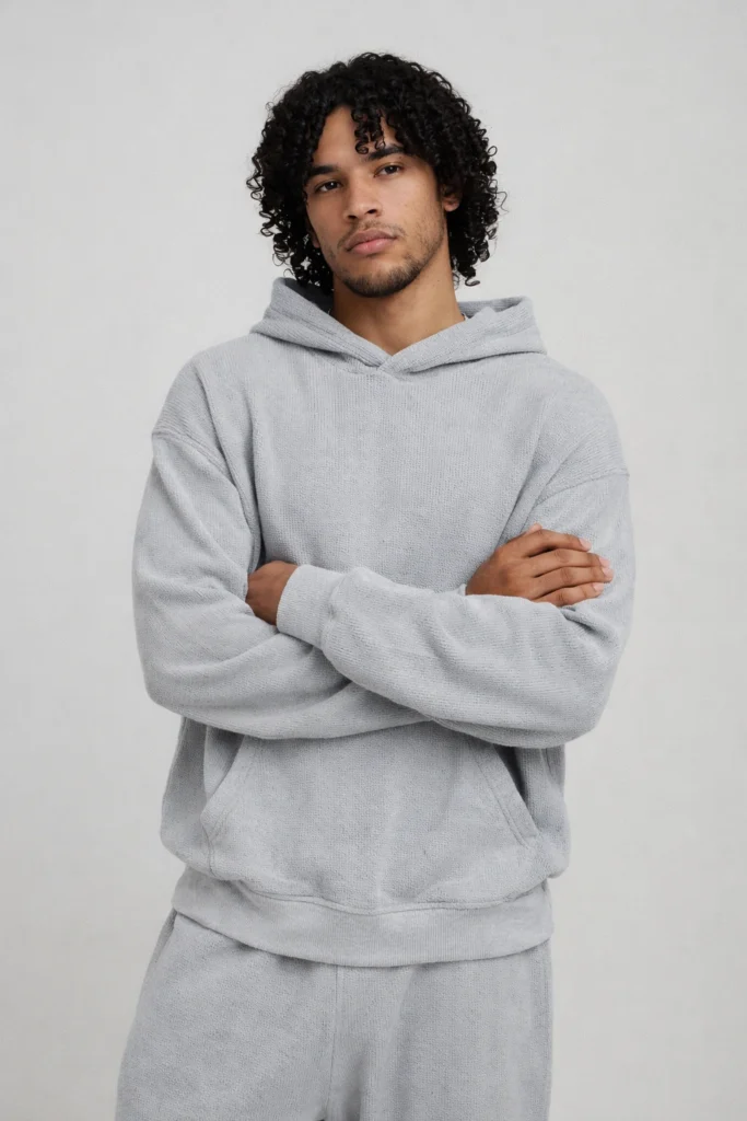 A minimalist studio image showcasing a men’s light grey pullover hoodie with a relaxed, comfortable fit. Designed with a classic hood, soft textured fabric, ribbed cuffs, and a front kangaroo pocket, this hoodie delivers a clean streetwear aesthetic ideal for everyday wear. The neutral grey tone and simple construction make it perfect for modern casual collections, loungewear lines, and private label hoodie manufacturing focused on comfort, versatility, and timeless style.