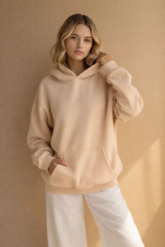 A clean studio image featuring a women’s beige pullover hoodie with a relaxed, comfortable silhouette. Crafted from soft fleece fabric, this hoodie includes a classic hood, ribbed cuffs and hem, and a front kangaroo pocket for everyday functionality. The warm neutral tone paired with a minimalist aesthetic makes it ideal for casualwear collections, loungewear lines, and private label hoodie manufacturing focused on comfort, versatility, and modern lifestyle styling.