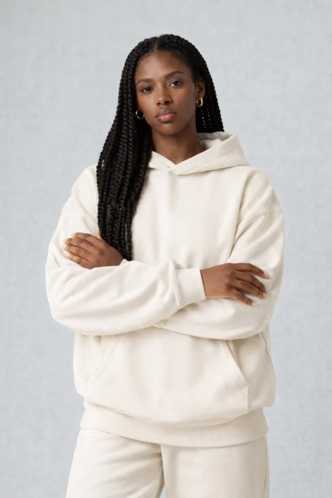 A minimalist lifestyle image showcasing a women’s cream oversized pullover hoodie with a relaxed, modern fit. Crafted from soft fleece fabric, this hoodie features dropped shoulders, ribbed cuffs and hem, and a classic kangaroo pocket for everyday comfort. The neutral cream tone and clean studio background highlight its versatility, making it ideal for casualwear, elevated loungewear, and private label hoodie collections focused on timeless design, comfort, and modern streetwear aesthetics.
