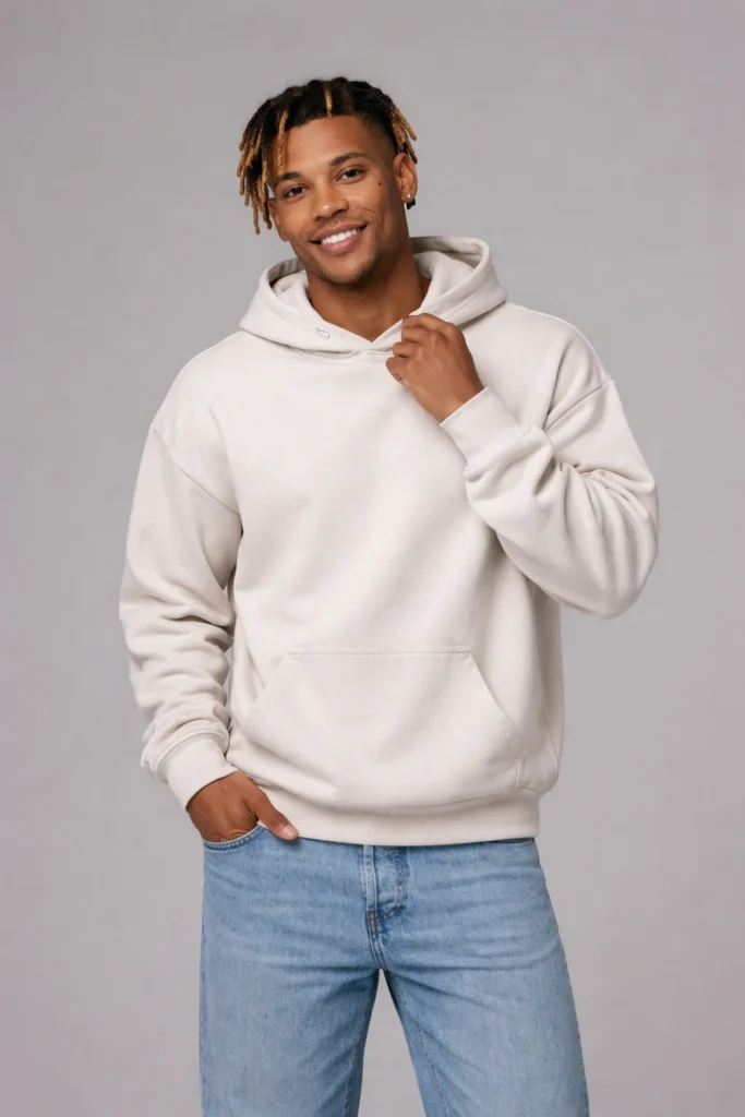 A studio lifestyle image featuring a men’s off-white pullover hoodie with a relaxed, contemporary fit. Crafted from soft fleece fabric, the hoodie includes a structured hood, ribbed cuffs and hem, and a classic kangaroo pocket for everyday comfort. The neutral tone and clean background highlight the hoodie’s versatility, making it ideal for casual wear, modern streetwear collections, and private label hoodie programs focused on timeless design, comfort, and broad market appeal.