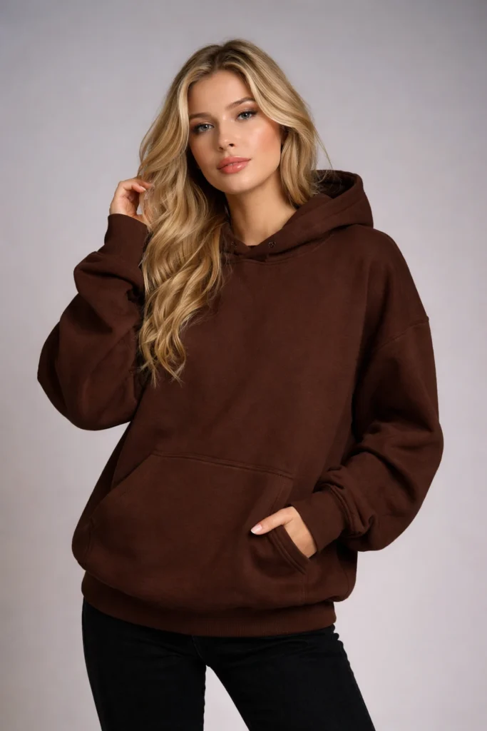A clean studio lifestyle image showcasing a women’s chocolate brown pullover hoodie with a relaxed, oversized silhouette. Made from soft fleece fabric, the hoodie features a structured hood, ribbed cuffs and hem, and a classic kangaroo pocket for everyday comfort. The rich brown tone paired with a neutral background highlights its premium, versatile appeal, making it ideal for casual wear, modern streetwear collections, and private label hoodie programs focused on comfort, timeless color palettes, and unisex styling potential.
