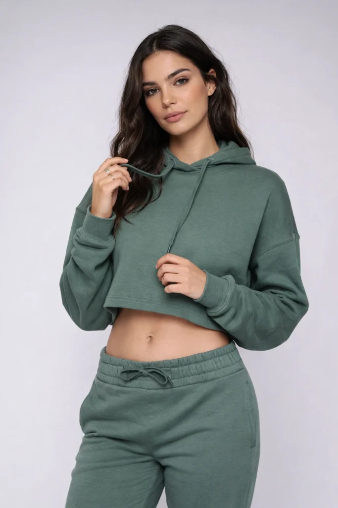 A modern lifestyle image featuring a cropped hoodie paired with matching jogger pants in a soft, muted green tone. Designed with a relaxed silhouette, adjustable drawstring hood, elastic waistband, and cozy fabric texture, this set blends comfort with a clean, contemporary look. Ideal for custom loungewear programs, athleisure collections, and private label brands targeting casual, trend-driven markets with a minimalist aesthetic.