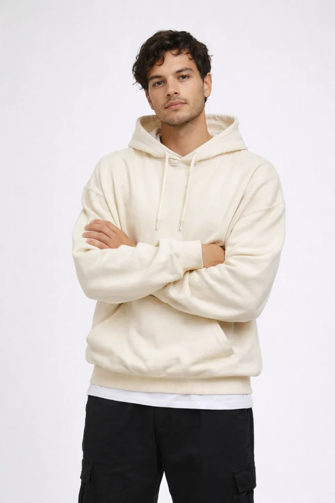 A clean studio image featuring a cream-colored pullover hoodie styled with black cargo pants. The hoodie offers a relaxed, modern fit with a double-layer hood, adjustable drawstrings, ribbed cuffs, and a classic kangaroo pocket. Its neutral tone makes it ideal for custom streetwear collections, private label basics, and OEM/ODM production focused on timeless silhouettes, everyday comfort, and versatile core apparel programs.