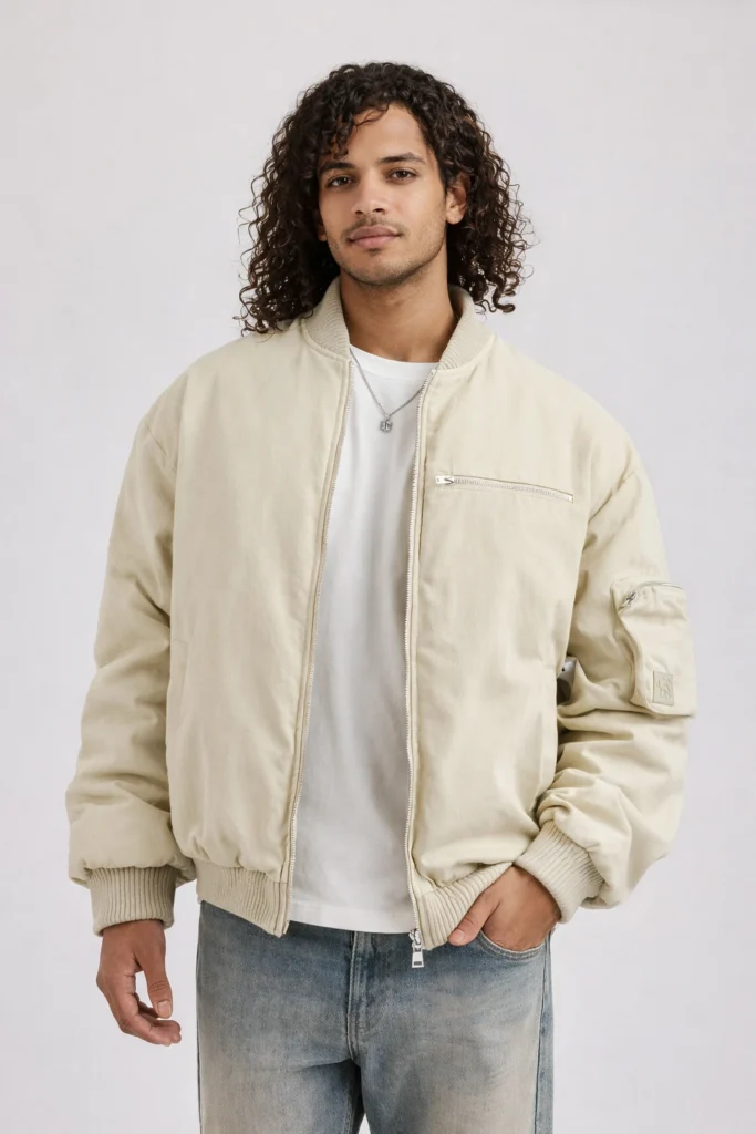 Cream Bomber Jacket – Minimal Utility Streetwear Outerwear