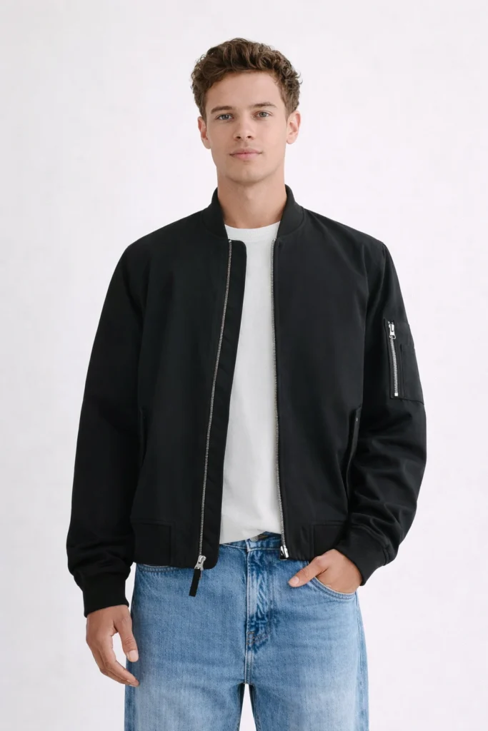 A studio-style product image featuring a black bomber jacket with a clean, timeless silhouette. Designed with a full front zipper, ribbed collar, cuffs, and hem, plus a functional zip pocket on the sleeve for subtle utility appeal. Styled with a white T-shirt and blue denim, this bomber jacket reflects a versatile streetwear essential suitable for custom apparel brands, private label outerwear lines, and OEM/ODM manufacturing focused on modern, minimalist menswear staples.