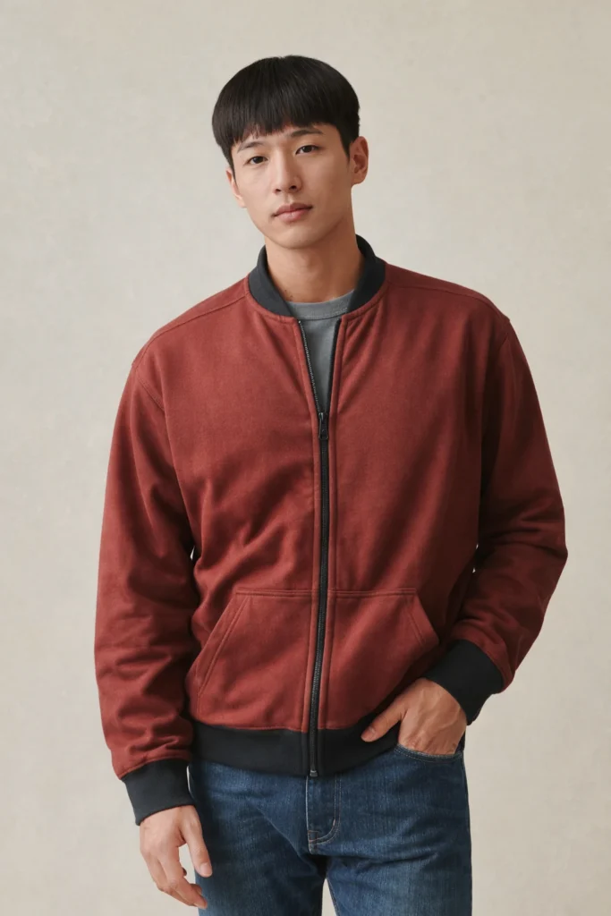 A clean studio-style image showcasing a rust-colored bomber jacket with a full front zipper and contrast ribbed collar, cuffs, and hem. The minimalist design features a relaxed fit and practical side pockets, paired effortlessly with a grey T-shirt and blue denim. This versatile bomber silhouette is ideal for casualwear collections, private label streetwear brands, and OEM/ODM outerwear programs focused on timeless, everyday menswear essentials.