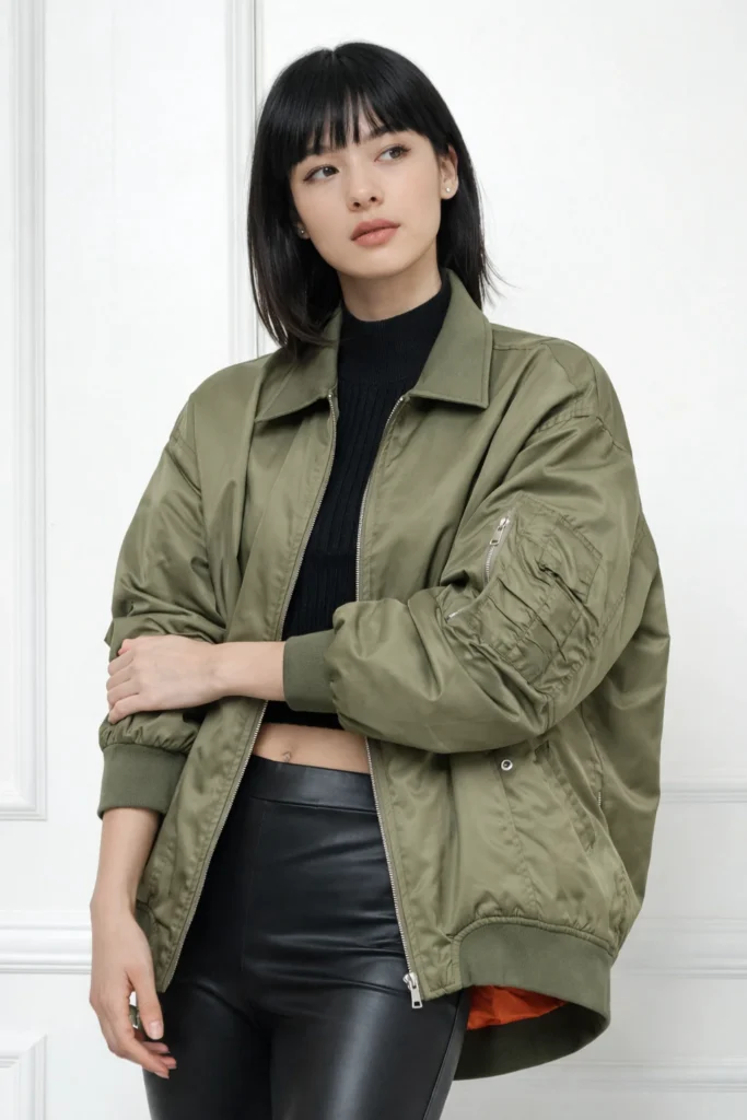A refined studio image showcasing a woman wearing an olive green bomber jacket with a relaxed, contemporary fit. Crafted with a smooth woven shell, this jacket features a full front zipper, ribbed cuffs and hem, and a functional sleeve pocket that adds subtle utility appeal. Styled with a black cropped top and sleek bottoms, the look highlights a modern urban aesthetic ideal for women’s casual wear, street-inspired collections, and private label bomber jacket programs. Perfect for OEM/ODM apparel brands seeking versatile, seasonless outerwear for premium minimalist markets.