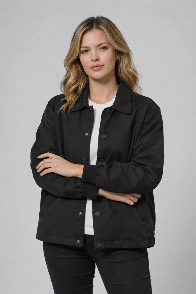 A clean studio portrait featuring a woman wearing a black padded coach jacket with a modern, relaxed silhouette. Designed with snap-button front closure, subtle padding, and ribbed cuffs, this jacket delivers lightweight warmth with a refined minimalist look. Styled over a white tee and dark bottoms, it reflects a versatile everyday aesthetic suitable for casual wear, urban fashion lines, and private label outerwear collections. Ideal for OEM/ODM apparel brands targeting contemporary women’s jackets with a timeless, seasonless appeal.