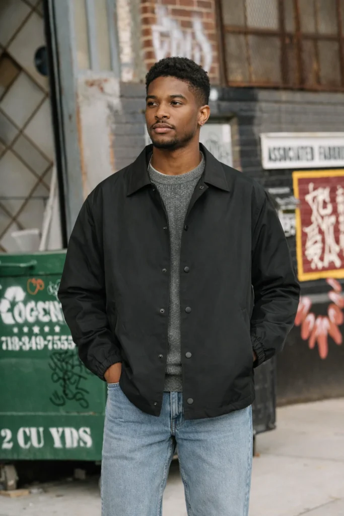 A street-style lifestyle image showcasing a men’s black coach jacket worn in an urban setting. The jacket features a clean snap-button front, classic collar, elasticated cuffs, and a relaxed fit, layered over a textured knit sweater and light-wash denim. Designed for everyday wear, this coach jacket delivers a timeless streetwear aesthetic with versatile appeal. Ideal for men’s outerwear collections, casual fashion brands, and OEM/ODM private label programs targeting modern city and lifestyle markets.