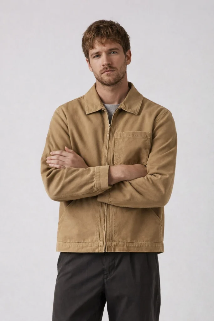 A clean studio image featuring a men’s brown canvas work jacket with a timeless, minimalist silhouette. Designed with a structured collar, full front zipper, reinforced stitching, and functional side pockets, this jacket delivers a rugged yet refined aesthetic. The heavyweight canvas fabric provides durability while maintaining a relaxed, everyday fit. Styled with dark casual trousers for a modern workwear look, this piece is ideal for OEM/ODM production, private label outerwear lines, and brands targeting casual, utility, or heritage-inspired menswear collections.