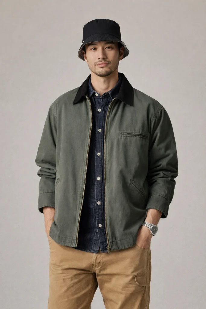 A studio-style image showcasing a men’s olive green utility zip jacket with a clean, functional silhouette. Featuring a classic collar, full front zipper, chest pocket detail, and relaxed fit, this jacket blends modern casualwear with workwear-inspired design. Crafted for everyday versatility, it pairs effortlessly with layered denim shirting and utility pants, creating a practical yet refined look. Ideal for OEM/ODM manufacturing, private label outerwear collections, and brands focused on casual, utility, or urban lifestyle apparel.