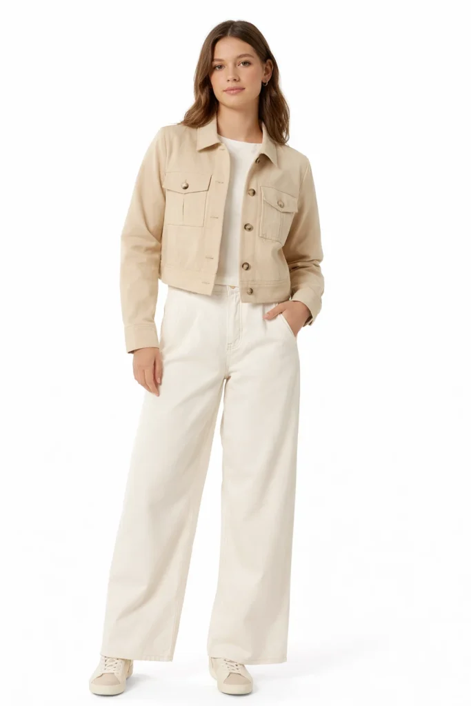 A clean studio image showcasing a women’s cropped beige utility jacket with a structured yet relaxed fit. Featuring a classic collar, button-front closure, and dual chest pockets, this jacket delivers a modern utility-inspired look. Styled with a neutral top, wide-leg off-white pants, and casual sneakers, it highlights a minimalist, versatile aesthetic suitable for everyday wear. Ideal for OEM/ODM production, private label fashion brands, and casual lifestyle or contemporary womenswear collections.