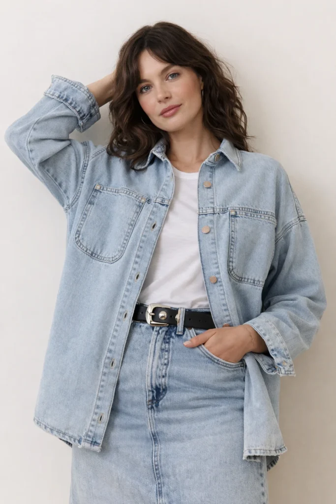A clean lifestyle image showcasing a women’s light wash denim shirt jacket with an oversized, relaxed fit. The design features classic button-front closure, chest patch pockets, dropped shoulders, and soft washed denim texture. Styled with a white tee and matching denim skirt, the look reflects effortless everyday casualwear with a modern, minimalist aesthetic. Ideal for OEM/ODM production, private label denim collections, and contemporary casual or street-inspired womenswear lines.
