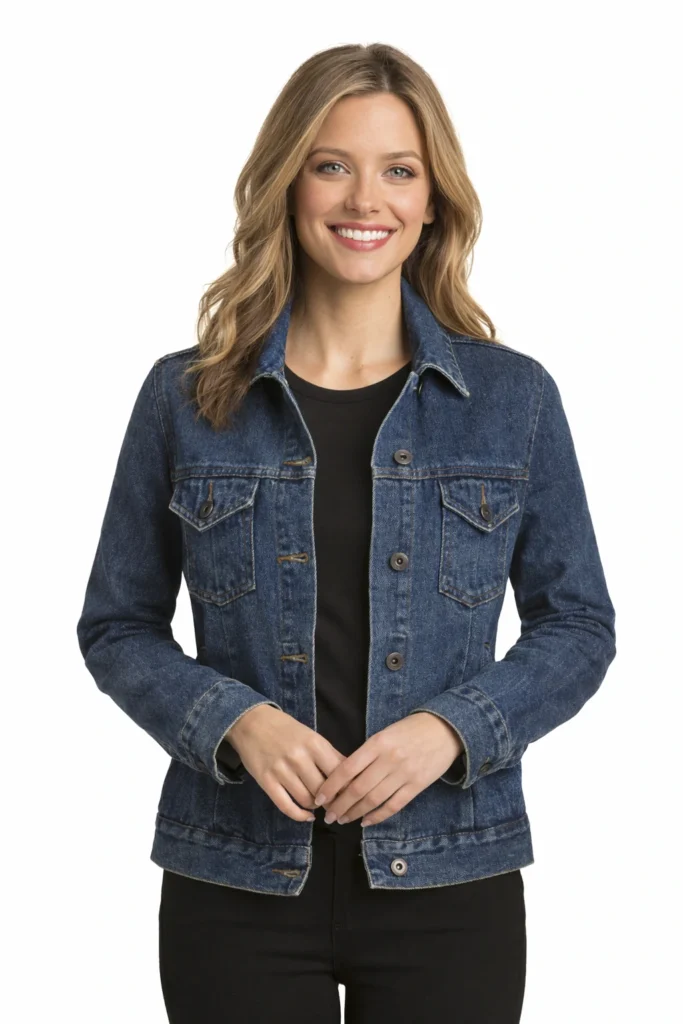 A studio product image featuring a women’s classic dark wash denim jacket with a clean, structured silhouette. Designed with a traditional button-front closure, pointed collar, chest flap pockets, and durable denim construction, this jacket delivers a timeless, versatile look. Styled over a black top for contrast, it highlights the jacket’s refined fit and rich indigo tone. Ideal for OEM/ODM denim manufacturing, private label collections, and modern casual or lifestyle apparel brands seeking a reliable core denim piece.