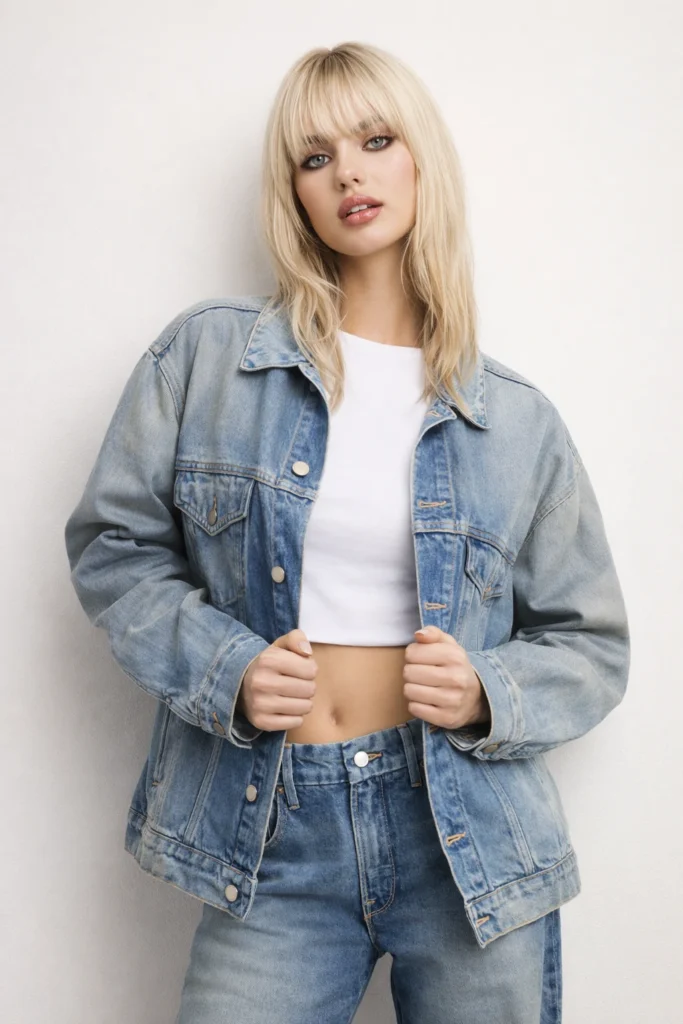 A fashion-forward studio image showcasing a women’s oversized light wash denim jacket with a relaxed, vintage-inspired silhouette. Designed with classic metal button closure, chest flap pockets, dropped shoulders, and authentic faded denim texture, this jacket delivers a modern streetwear aesthetic. Styled with a cropped white top and matching denim jeans, it highlights a bold yet effortless look ideal for casualwear, youth-focused brands, and trend-driven private label denim collections. Perfect for OEM/ODM production targeting contemporary, fashion-conscious markets.