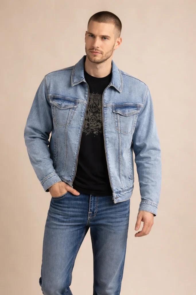 A clean studio image featuring a men’s light wash denim jacket with a classic structured silhouette and modern casual appeal. Designed with a front zip closure, traditional chest flap pockets, reinforced seams, and subtle fading, this jacket blends timeless denim craftsmanship with contemporary styling. Paired with a black graphic T-shirt and matching denim jeans, it presents a versatile look suitable for everyday wear, streetwear brands, and private label denim collections. Ideal for OEM/ODM production targeting casual, urban, and lifestyle markets.