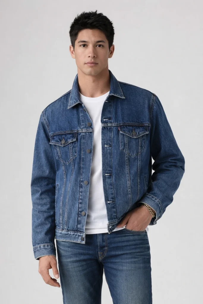 A studio-shot image showcasing a men’s dark wash denim jacket with a classic trucker silhouette and clean, structured lines. Featuring a button-front closure, dual chest flap pockets, contrast stitching, and durable denim construction, this jacket delivers a timeless look with everyday versatility. Styled with a white T-shirt and matching denim jeans, it reflects a modern casual aesthetic ideal for streetwear, lifestyle, and private label denim collections. Well-suited for OEM/ODM manufacturing targeting global casualwear markets.