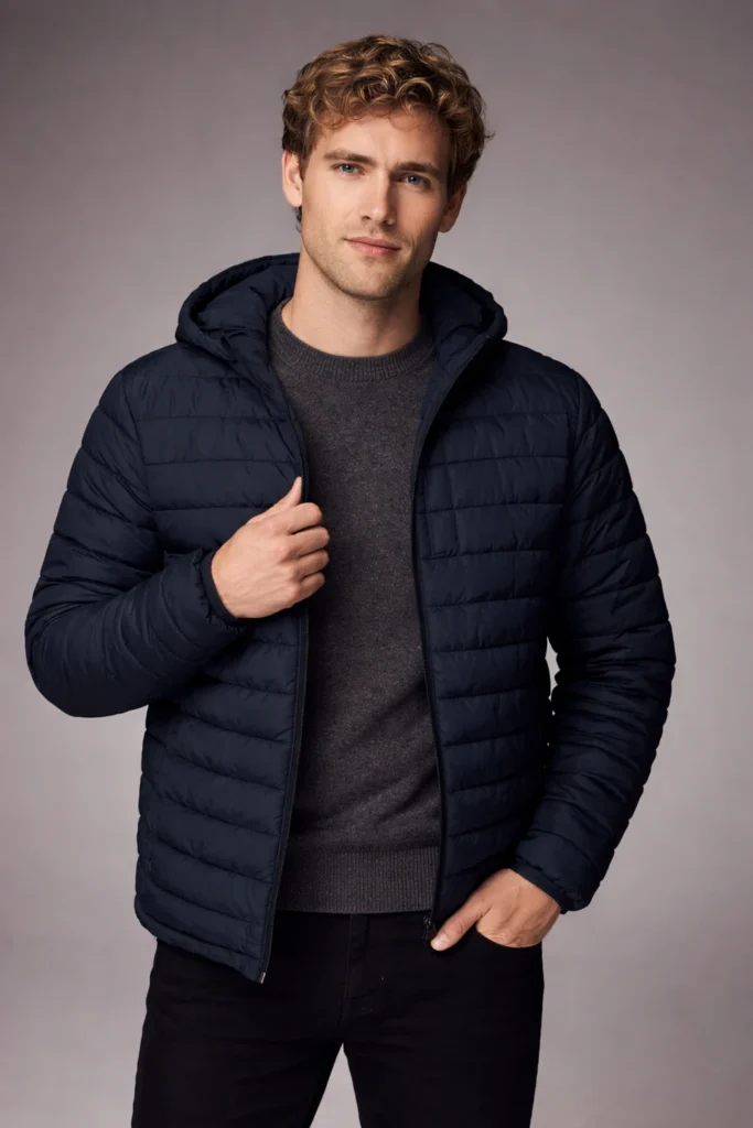 A minimalist studio image showcasing a men’s lightweight quilted puffer jacket with a streamlined hooded design. Made for everyday versatility, the jacket features horizontal quilting, a full-zip front, and a clean matte finish that delivers warmth without bulk. Styled over a knit sweater and dark trousers, it presents a modern casual silhouette suitable for transitional seasons. An ideal option for OEM / private label outerwear collections focused on lightweight insulation, urban wear, and core essentials.