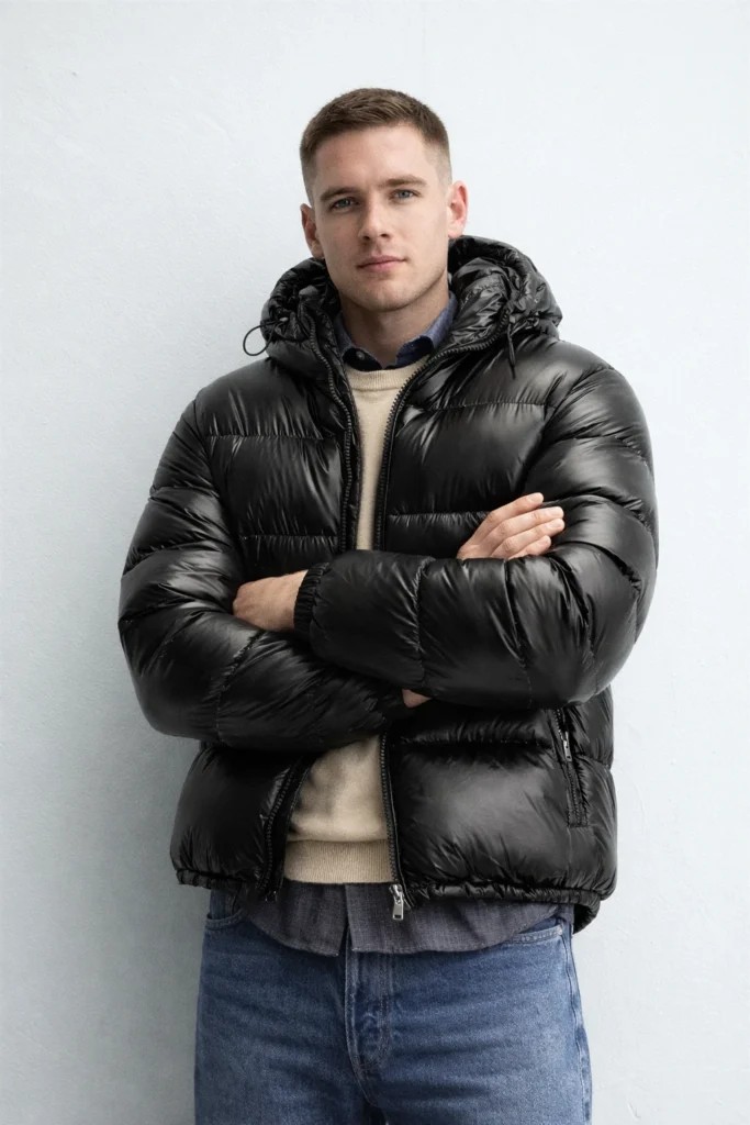 A modern studio-style image featuring a men’s glossy black puffer jacket with a padded hood and full-zip front closure. The jacket showcases horizontal quilted construction for enhanced insulation, offering a bold yet refined winter-ready look. Designed with a relaxed fit, elastic cuffs, and practical zippered pockets, this outerwear piece balances warmth, comfort, and contemporary streetwear appeal. Ideal for OEM and private label winter collections targeting urban, casual, and functional menswear markets.