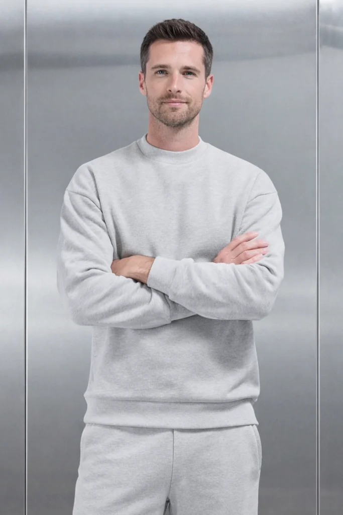 A sleek studio portrait featuring a men’s light grey crewneck sweatshirt paired with matching sweatpants for a clean, coordinated look. The sweatshirt showcases a relaxed yet structured fit with a classic round neckline and ribbed cuffs and hem, highlighting comfort and everyday versatility. Styled in a neutral, modern setting, this outfit reflects a refined minimalist aesthetic—ideal for custom loungewear programs, private label essentials, and premium casualwear collections targeting contemporary lifestyle brands.