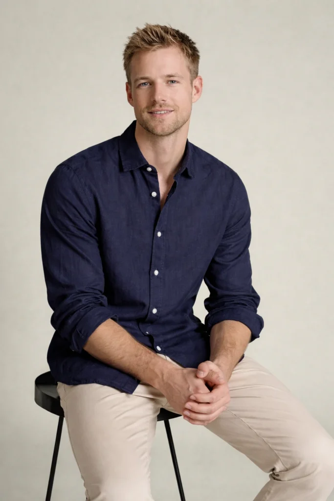 A clean studio portrait showcasing a men’s navy button-up shirt styled with beige chinos for a refined smart-casual look. The long-sleeve shirt features a slim, modern fit with a soft woven texture, making it suitable for office wear, casual meetings, and lifestyle fashion collections. Neutral color pairing and minimalist styling highlight versatility, comfort, and timeless appeal—ideal for private label, OEM/ODM menswear brands focusing on elevated everyday essentials.