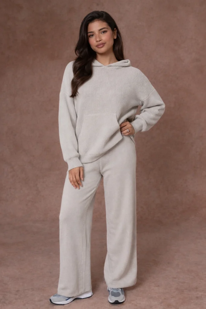 A stylish women’s two-piece knit set featuring a relaxed hoodie and matching wide-leg pants in a soft neutral tone. The textured knit fabric offers a cozy yet elevated feel, combining comfort with a clean, minimalist silhouette. Designed for modern loungewear, casual everyday wear, or travel outfits, this coordinated set highlights an effortless drape, elastic comfort, and versatile styling potential. Ideal for private label fashion brands, OEM/ODM knitwear collections, and premium athleisure or lounge-focused apparel lines.