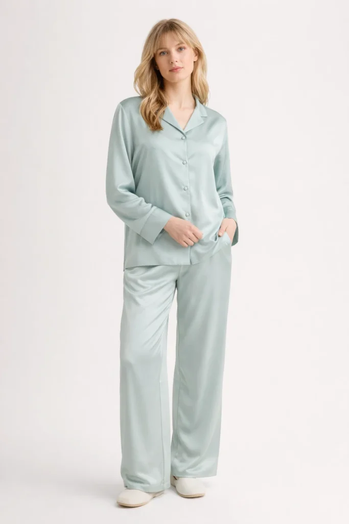 A refined women’s satin pajama set featuring a long-sleeve button-up top with a soft lapel collar and matching straight-leg pants in a calming sage green tone. Crafted from smooth, lightweight satin fabric, this two-piece set delivers a luxurious drape and breathable comfort. Designed for premium sleepwear, loungewear collections, and resort-style homewear, it balances elegance with everyday ease. Ideal for private label pajama brands, OEM/ODM sleepwear manufacturing, and modern minimalist nightwear lines targeting comfort-driven consumers.